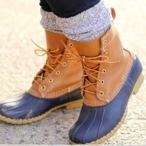 LL Bean Duck Boots Tan Blue Leather Lace Up Men’s Size 5 Women’s Size 7